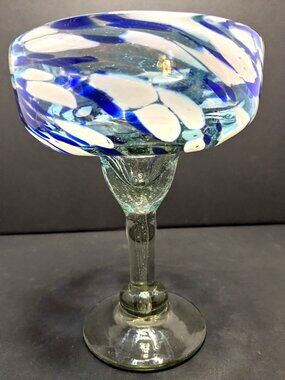 Mexican Hand-Blown Margarita Glass Blue & White Swirl Pattern 16 Oz Recycled